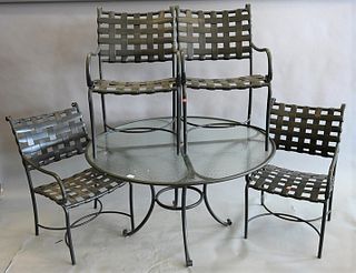 Five Piece Brown & Jordan Outdoor Patio Set, to include glass top table, four armchairs, height 28 inches, diameter 50 inches.