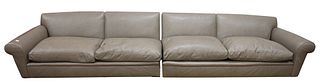 Custom Two Section Leather Sofa, missing multiple feet, height 25 inches, length 156 inches.