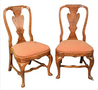 Set of Six Custom Burlwood Queen Anne Style Dining Chairs, having upholstered slip seats, height 39 inches.
