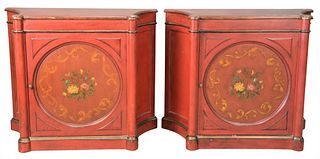 Pair of Adams Style Cabinets, in red paint having painted foliate design to each door, opening to two shelf fitted interior, height 35 inches, width 4