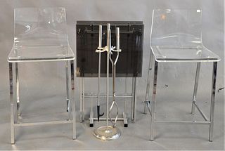 Five Piece Group of Mid Century Furniture, to include a pair of lucite barstools, two lucite folding tables, silvered fireplace tools and stand, a fol