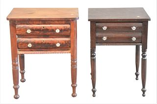 Two Mahogany Empire Stands, each having two drawers with glass pulls, raised over turned legs, height 29 and 29 1/2 inches, tops 18 1/2" x 24", and 19
