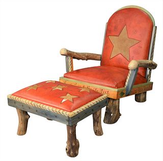 Sticks Object Art Furniture Armchair and Matching Ottoman, having red leather and cowhide upholstery, inscribed on the front "Live Life to the Fullest