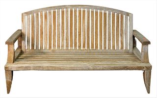 Teak Outdoor Bench, having arched back, length 62 inches, seat height 13 1/2 inches.