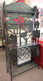 Iron Bakers Rack, having five shelves and a wine rack and tree forms mounted to the exterior, height 80 1/2 inches, width 37 3/4 inches, depth 15 inch