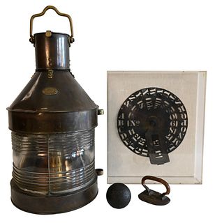 Four Piece Group, to include brass and copper ships mast lamp, metal stencil wheel, antique iron with leather handle, along with a small cannonball, h