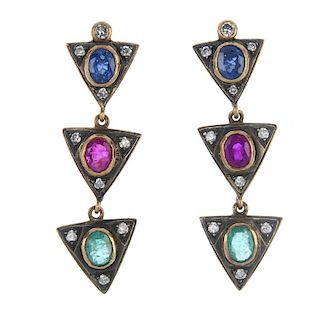 A pair of diamond and gem-set ear pendants. Each designed as a series of three triangular-shape link