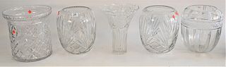 Group of Five Large Glass Pieces, to include a pair of vases, oversized urn, along with two vases, tallest height 12 1/4 inches.