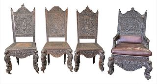Set of Four Anglo-Indian Chairs, to include three side chairs and one armchair, having legs with carved elephants and dolphin feet, with carved alliga