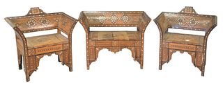 Three Piece Moroccan Mother of Pearl Inlaid Salon Set, to include a pair of chairs along with a small loveseat, length 37 inches, (as is).