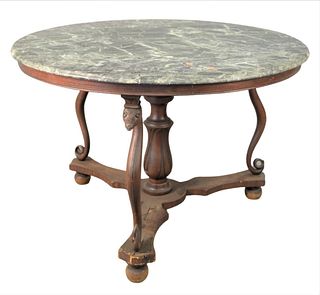Round Marble Top Table, on center support having three serpent supports, minor veneer damage on base, height 30 1/2 inches, diameter 47 inches.