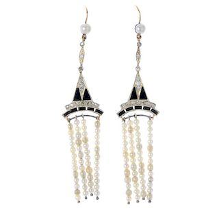 A pair of onyx, diamond and cultured pearl ear pendants. Each designed as a seed pearl fringe, to th