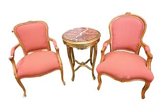 Three Piece Lot, to include Louis XV style fauteuil with custom upholstery and round gilt marble top table, height 29 inches, diameter 21 inches.
