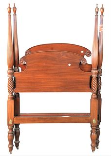 A Pair of Mahogany Federal Style Four Post Beds, each having carved posts, height 64 inches, width 39 inches.