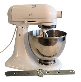 KitchenAid Classic Mixer, in white having stainless steel mixing bowl.