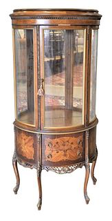 Louis XV Style Fruitwood Curio Cabinet, having glass shelves with two drawers, one chip on molding on upper right side, height 63 1/2 inches, width 29