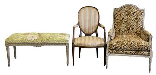 Three Piece Lot of Louis XVI Style Furniture, to include two armchairs, one having faux cheetah upholstery, along with a bench having green floral uph