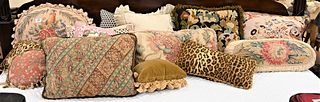 14 Piece Pillow Lot, to include several floral needlepoint examples, a 19th century paisley, a pair of faux cheetah, and several others.