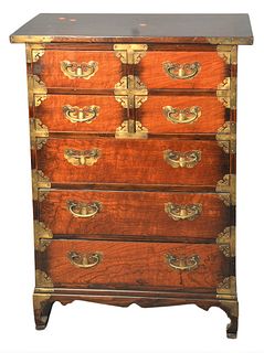 Chinese Style Brass Bound Cabinet, having two sets of two short drawers over three long drawers, height 38 1/2 inches, top 18" x 29".