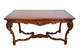 Louis XV Style Center Table/Desk, having faux granite top over carved frame and "X" stretcher base, height 28 inches, top 34" x 39".