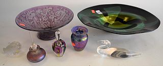 Seven Piece Art Glass Lot, to include a green Robert Eickholt bowl, signed to the underside; a small iridescent vase; two perfume vessels, all signed 