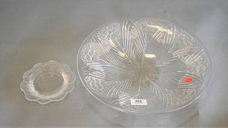 Two Piece Lalique Lot, to include a large Oeillets charger, having carnation pattern and molded and frosted glass, along with Lalique dish having leaf