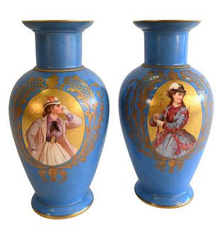 Pair of Paris Porcelain Vases, both having oval female portraits, both drilled, height 16 inches.