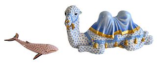 Two Piece Herend Lot, to include a camel with blue fishnet and gilt details, along with a pink fishnet whale, both marked to the underside, camel leng