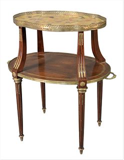 Louis XV Style Two Tier Table, having marble top, tier all with brass mounts (small crack in marble and old repair), height 33 1/2.