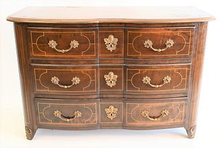 Louis XV Style Commode, having brass trim and inlay, height 32 1/2 inches, width 49 1/2 inches, depth 21 inches.