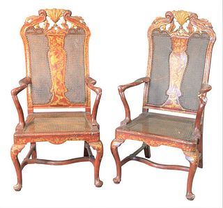 Pair of Continental Style Armchairs, chinoiserie decorated having caned back and seat, height 47 1/2 inches, seat height 16 1/2 inches.