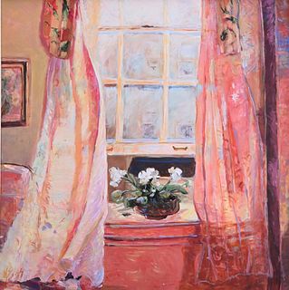American School (20th Century), "Hotel Window", acrylic on canvas, signed indistinctly lower right, titled on the stretcher bar, 48" x 48".