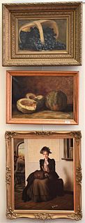 Three Piece Framed Group, to include a Train Station scene, oil on canvas, signed indistinctly lower right "Leopold.....Paris"; still life with melon,