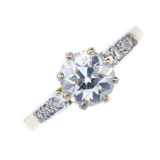 A mid 20th century 18ct gold diamond single-stone ring. The old-cut diamond, to the single-cut diamo