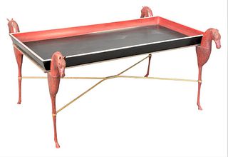 Tray Top Coffee Table, having metal horse supports, height 26 inches, top 25" x 61".