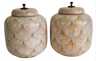 Pair of Maitland Smith White and Tan Cloisonne Lidded Ginger Jars, height 10 inches.