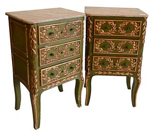 Pair of Louis XV Style Nightstands, in green paint having foliate carvings throughout and marble tops over cabriole legs, height 31 inches, top 13" x 