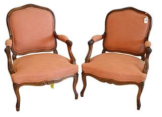 Pair of Walnut Louis XV Style Fauteuils, height 36 1/2 inches, width 26 inches.
