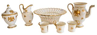 Group of French Gilt Napoleonic Porcelain, to include teapot, creamer, sugar, cups, along with center bowl, bowl height 4 1/2 inches, diameter 10 1/2 