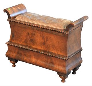 Empire Style Stool, having lift top tufted upholstered cushion top, height 21 inches, length 28 inches, depth 9 1/2 inches.