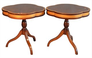 Pair of Mahogany Bonded Inlaid Side Tables, each having shaped tops over pedestal base, height 27 1/2 inches, diameter 28 inches.