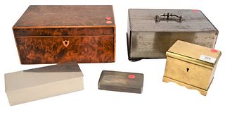 Five Piece Group of Boxes, to include a silver tobacco box, circa 1820 or later, an English steel box (missing key), circa 1800, a Dutch brass tobacco