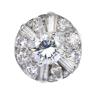 A diamond cluster ring. The brilliant-cut diamond, weighing 2.06cts, raised to the pave-set diamond
