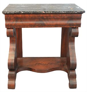 Empire Style Mahogany Hall Table, having marble top over one drawer, height 34 inches, top 18" x 31 1/2".