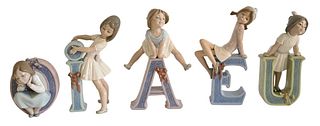 Five Piece Lot of Porcelain Lladro Figures, to include the five vowels "AEIOU", each accompanied by original box, height of tallest 8 1/4 inches.
