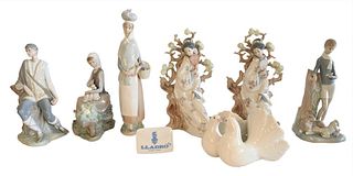 Seven Piece Lot of Porcelain Lladro Figures, to include two geisha figures, doves, a shepherd (missing staph), two children with animals, along with a