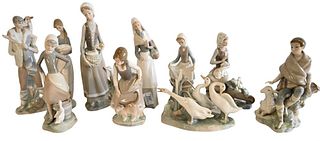 Ten Piece Lot of Lladro Porcelain Figures, to include several children with animals, along with one having three white ducks, several accompanied by o