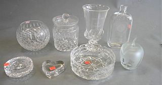 Eight Piece Glass Lot, to include a Waterford vase, Waterford bowl, Atlantis jar with lid, small Waterford ashtray, Baccarat heart on etched glass bot