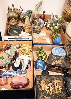 Four Tray Lots of Small Chinese Items, to include several hardstone animals, a pair of foo lion bookends, a brass ram, a brass and bronze Buddha, a se
