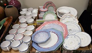 Six Tray Lots of French Faience Atelier de Segries Plates, Saucers and Teacups, to include several having blue rims, two trays having blue, green and 